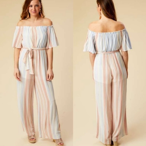 Altar'd State Striped Camellia Jumpsuit Size Large Striped Balloon Sleeve belt - Picture 1 of 9